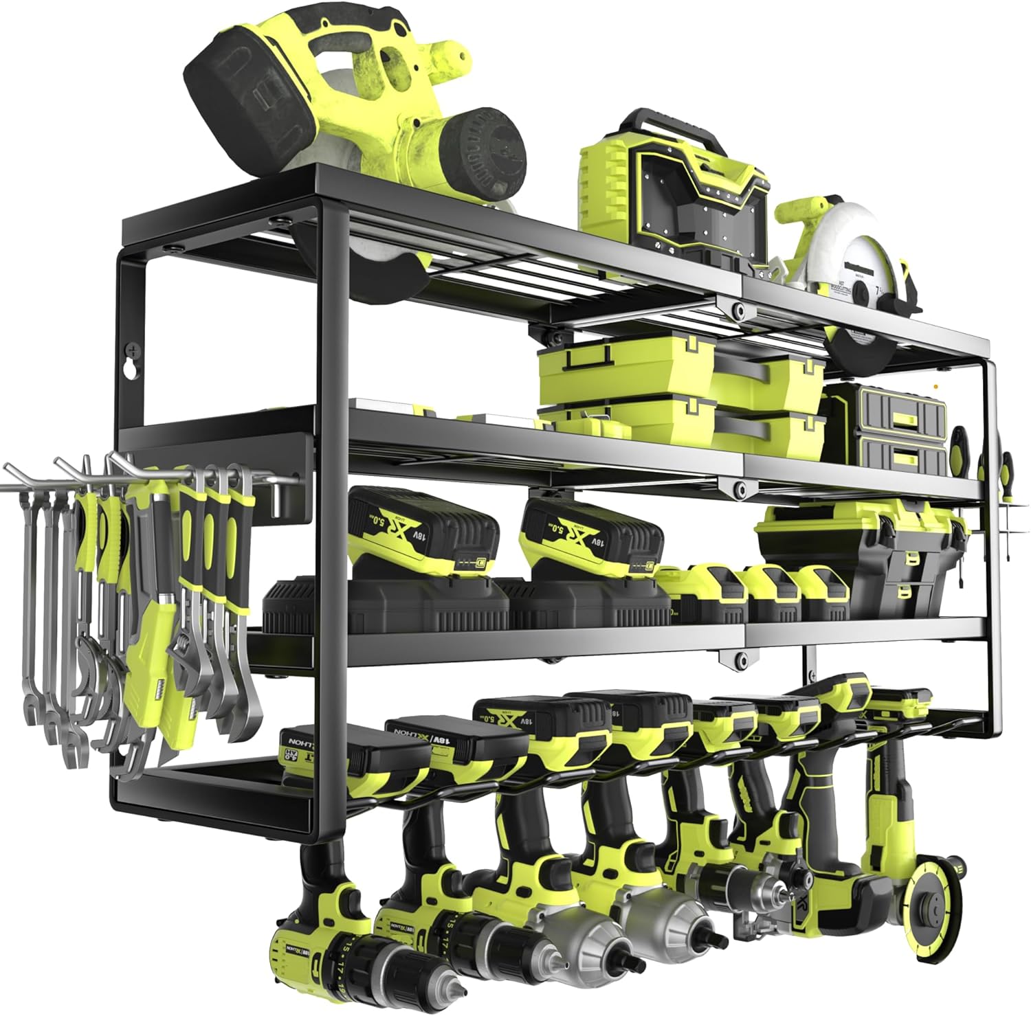 Power Tools Storage - 4層式壁掛け電動工具オーガナイザー、充電ステーション付き、頑丈なコードレスドリルホルダー、ガレージ用バッテリー収納ラック