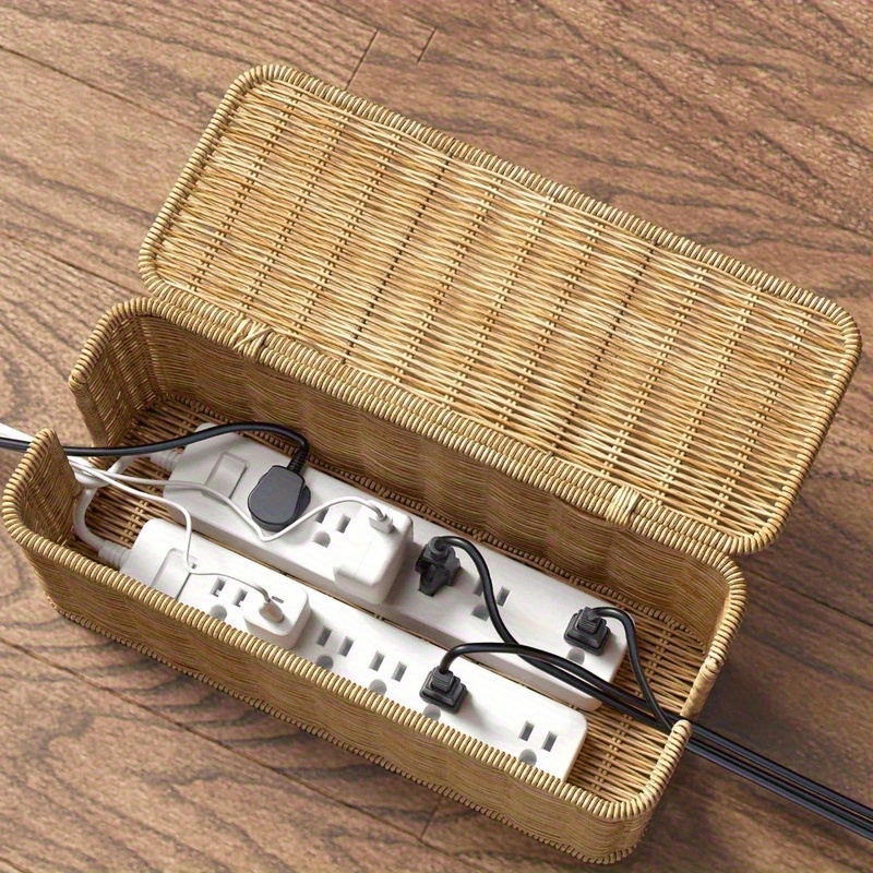 Power Tools Storage - 手作りの籐製ケーブル管理ボックス - 頑丈なPE素材、素朴なナショナルスタイル、蓋付き、多区画収納/電源コード用