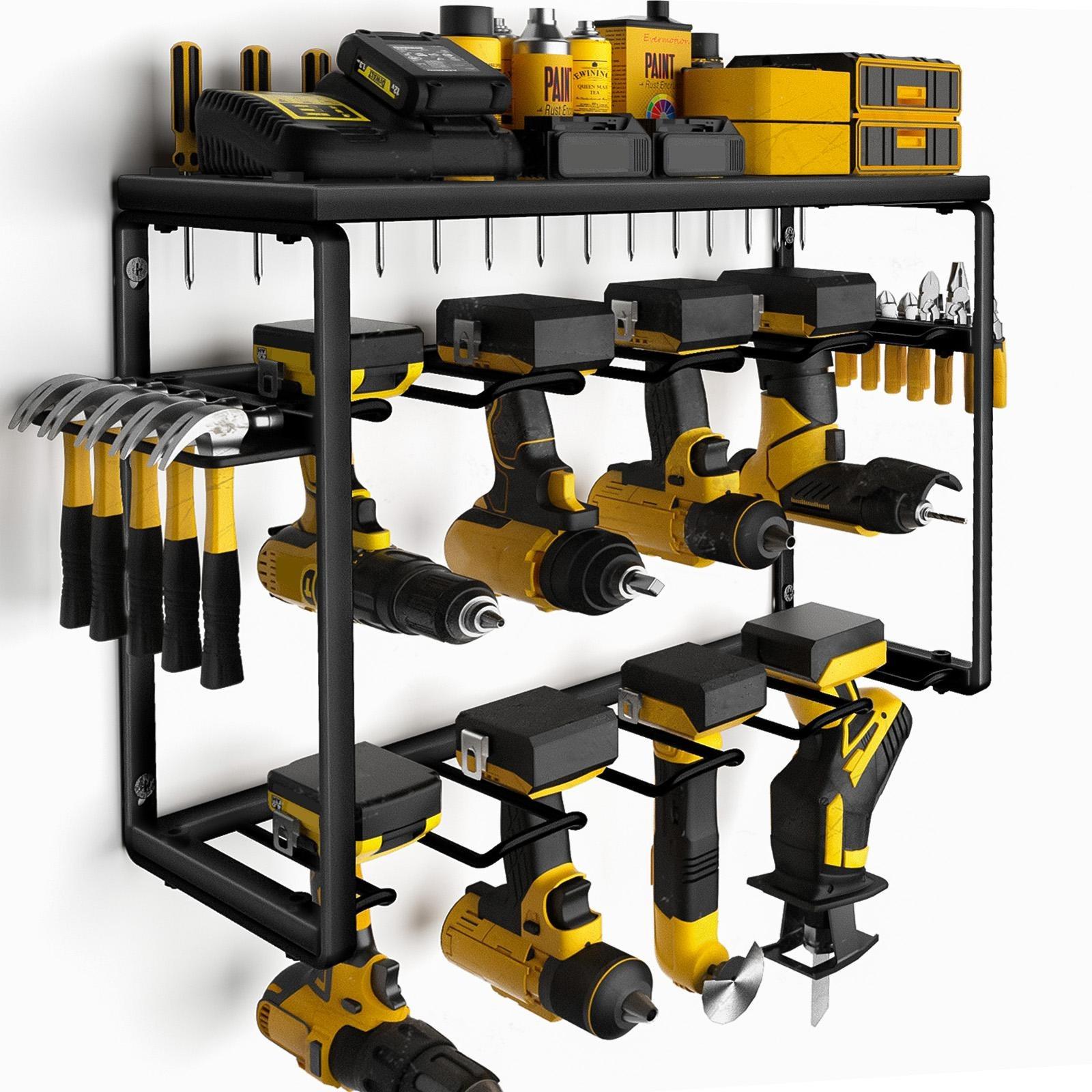 Power Tools Storage - 頑丈な金属製電動工具オーガナイザー壁掛け3段収納ラック、8個の電動ドリルホルダーとフック付き、省スペーススチール棚ブラケット、ガレージ整理、作業場、ハードウェアツールスタンド用