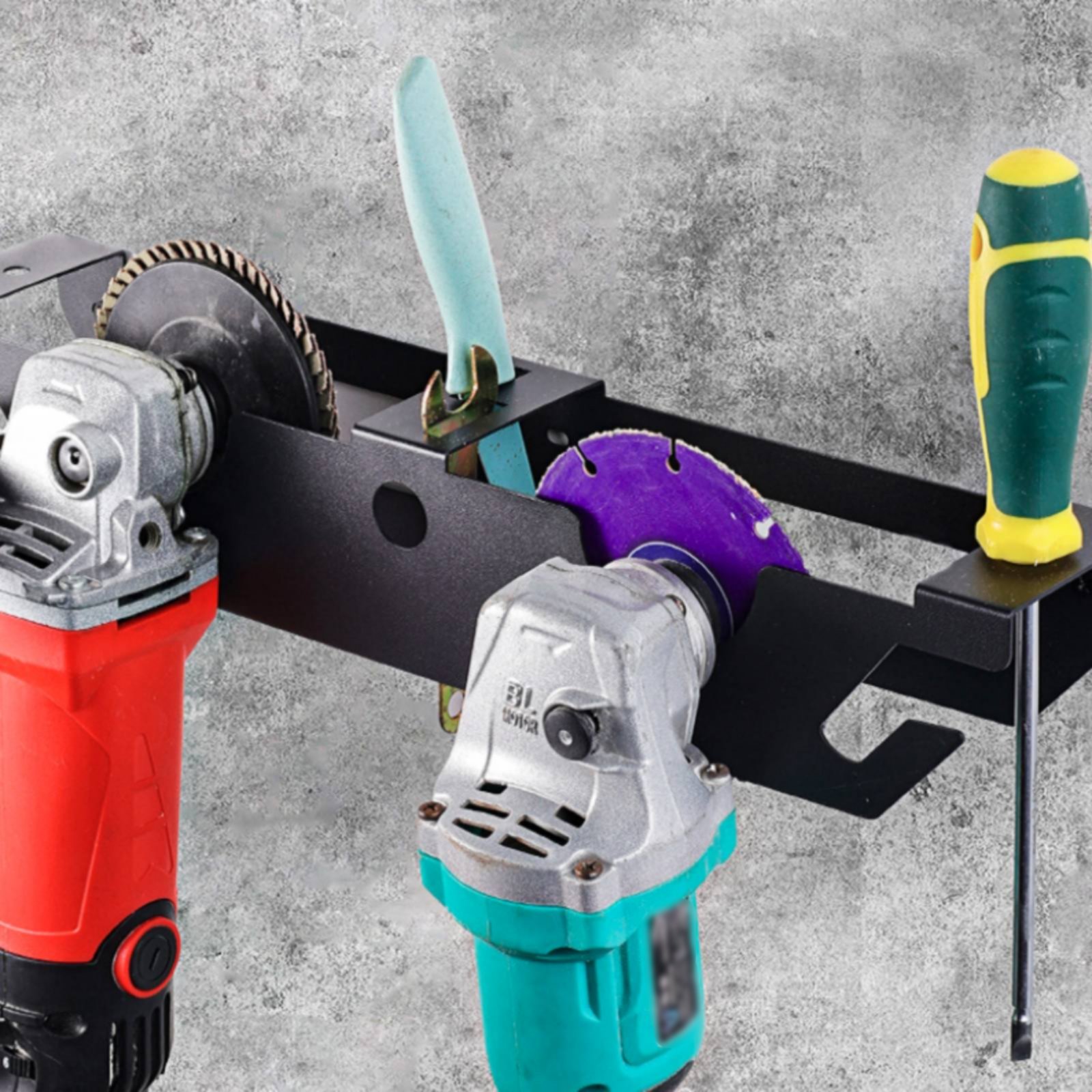 Power Tools Storage - 4ベイアングルグラインダーラック厚鋼製アングルグラインダーラック電動工具オーガナイザー省スペース粉体塗装仕上げガレージ用