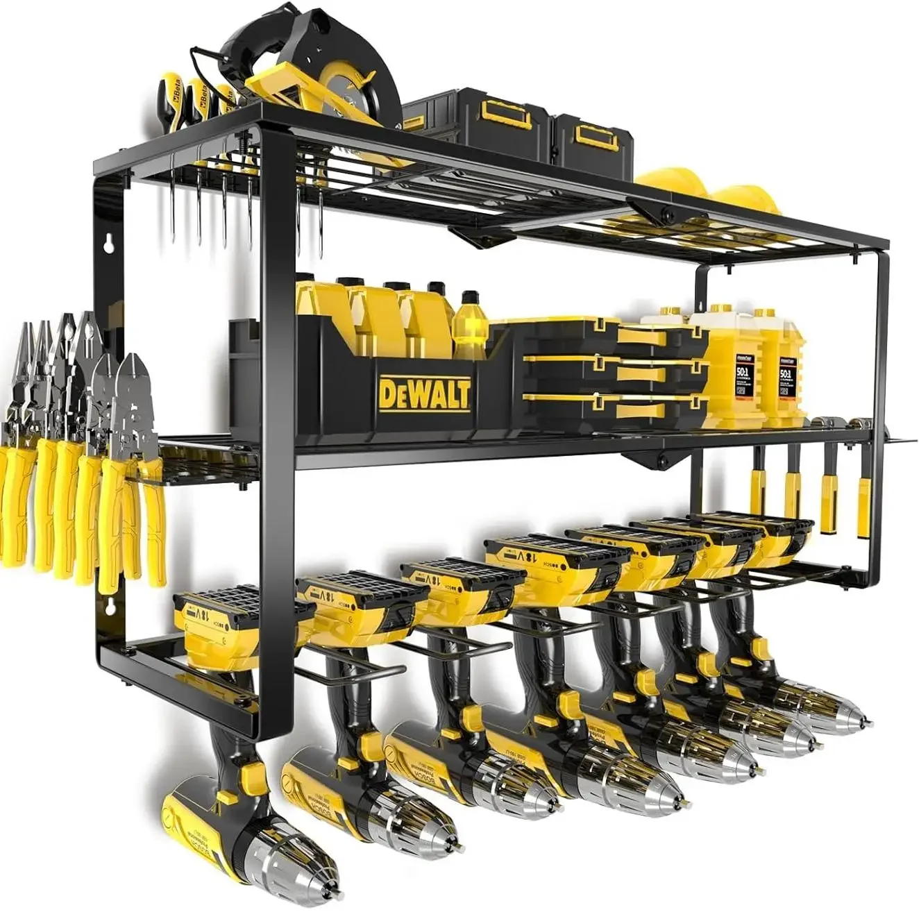 Power Tools Storage - 頑丈な金属製電動工具オーガナイザー、壁掛け式電動ドリルホルダー（棚付き）、ガレージ/作業場用ハードウェア収納ラック、建設現場用ツールブラケット棚