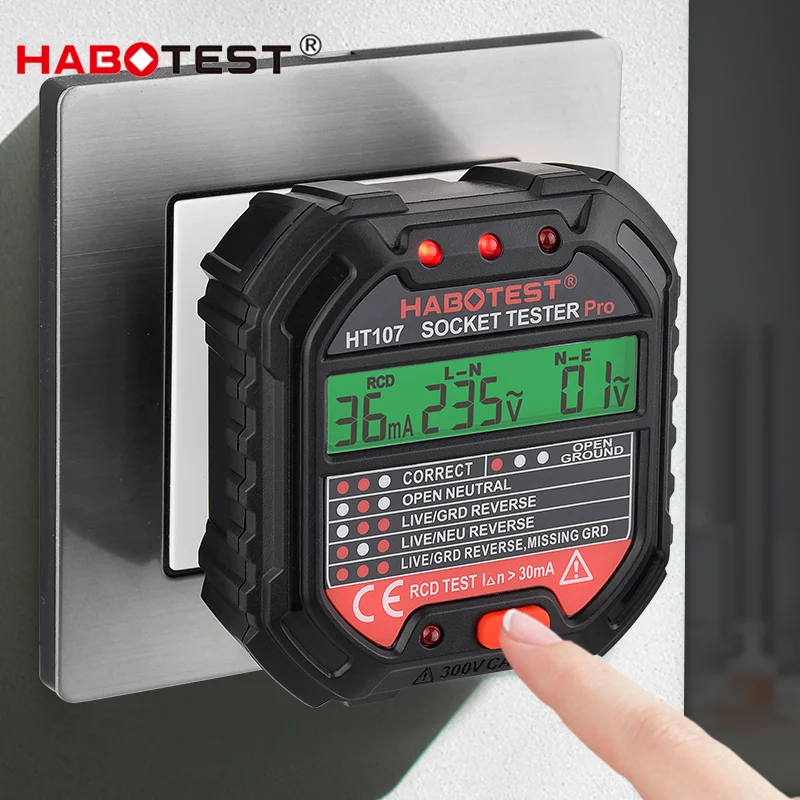 Power Tools Uk Review - HT107 Pro デジタルソケットテスター、5mA/30mA RCDテストスマート電圧検出器、グランドゼロ極性チェック、EU/US/UKプラグオプション付き