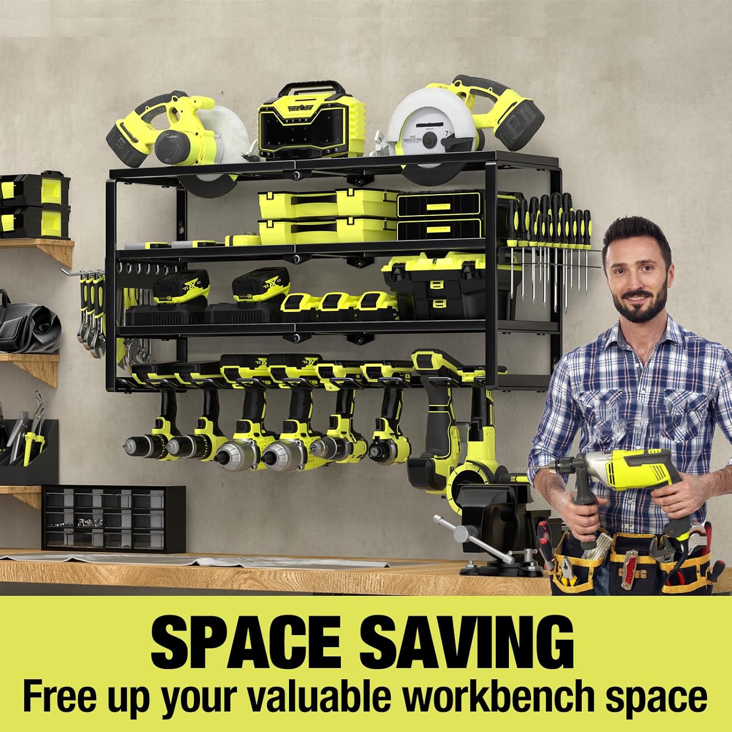 4層式壁掛け電動工具オーガナイザー、充電ステーション付き、頑 - Power Tools Storage のレビューと価格